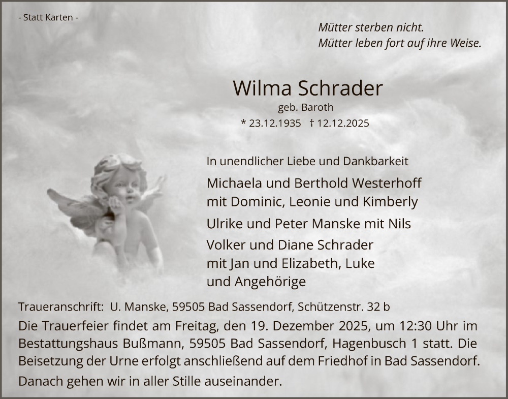  Traueranzeige für Wilma Schrader vom 16.12.2025 aus HASO