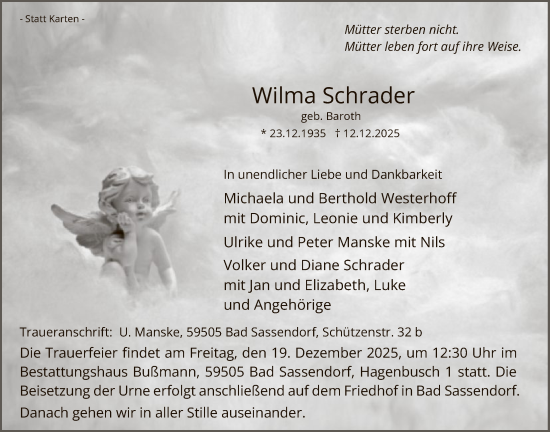 Traueranzeige von Wilma Schrader von HASO
