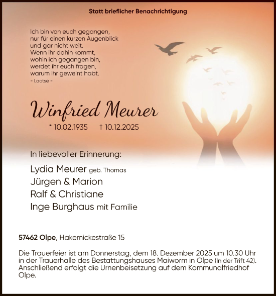 Traueranzeige von Winfried Meurer von HASK