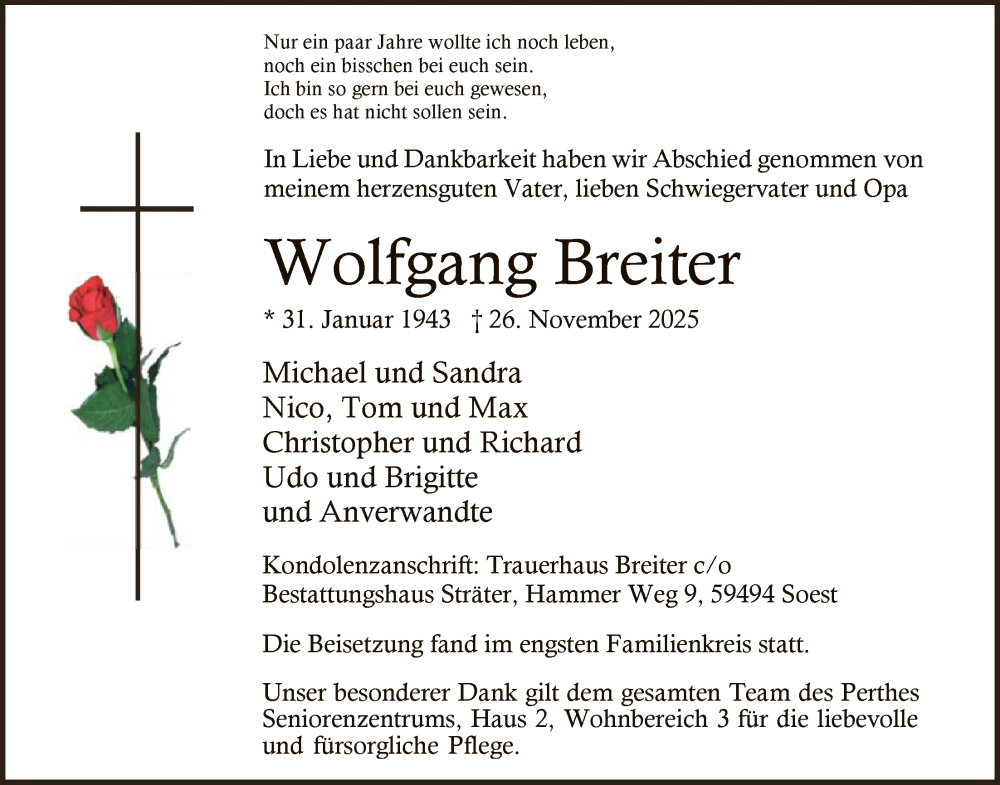  Traueranzeige für Wolfgang Breiter vom 06.12.2025 aus HASO