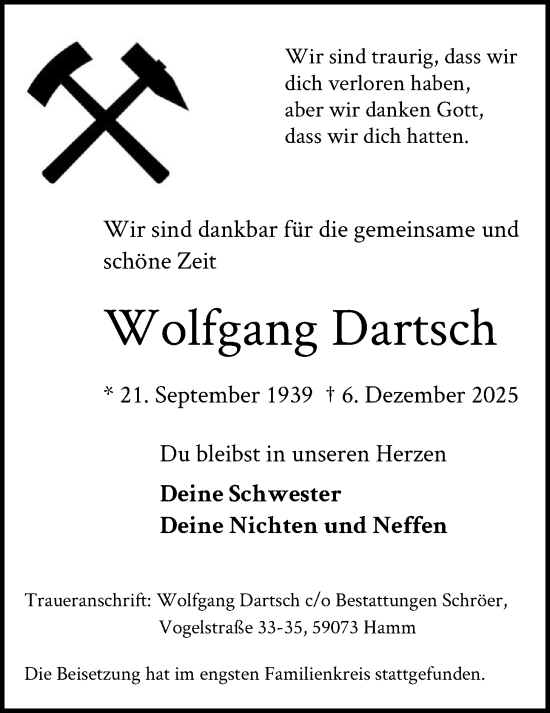 Traueranzeige von Wolfgang Dartsch von HAWA