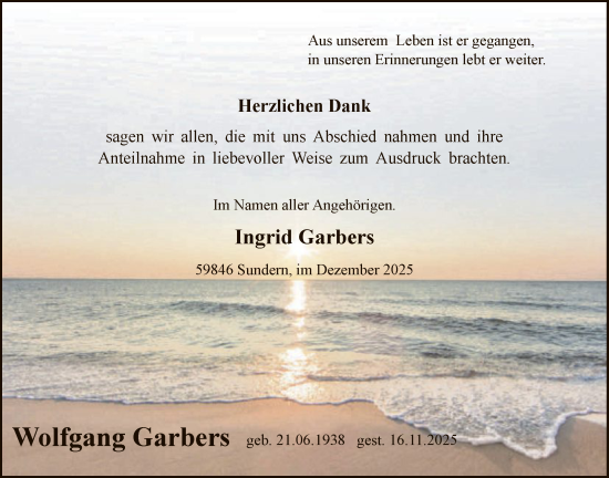 Traueranzeige von Wolfgang Garbers von HASK