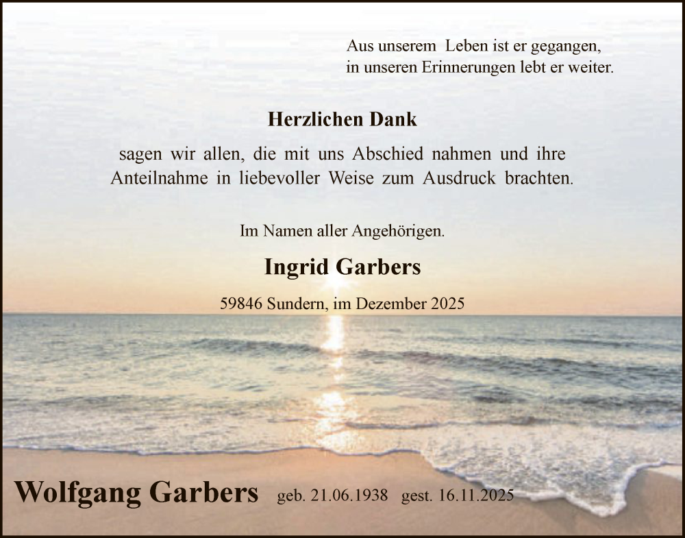  Traueranzeige für Wolfgang Garbers vom 20.12.2025 aus HASK