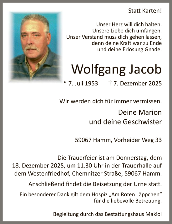 Traueranzeige von Wolfgang Jacob von HAWA