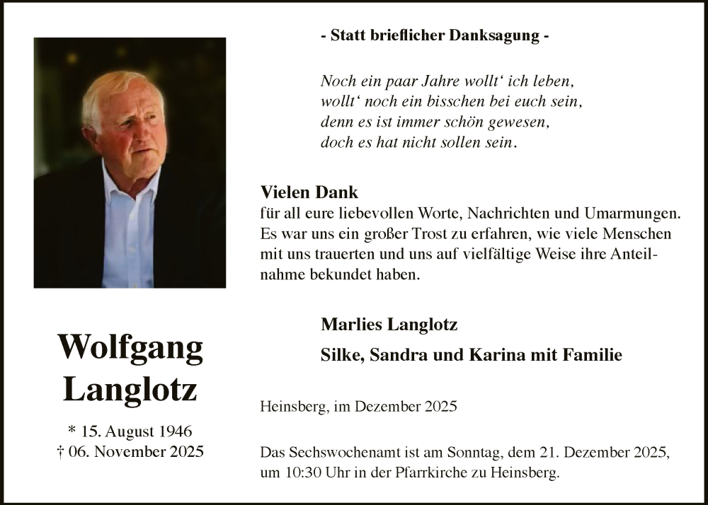  Traueranzeige für Wolfgang Langlotz vom 13.12.2025 aus HASK