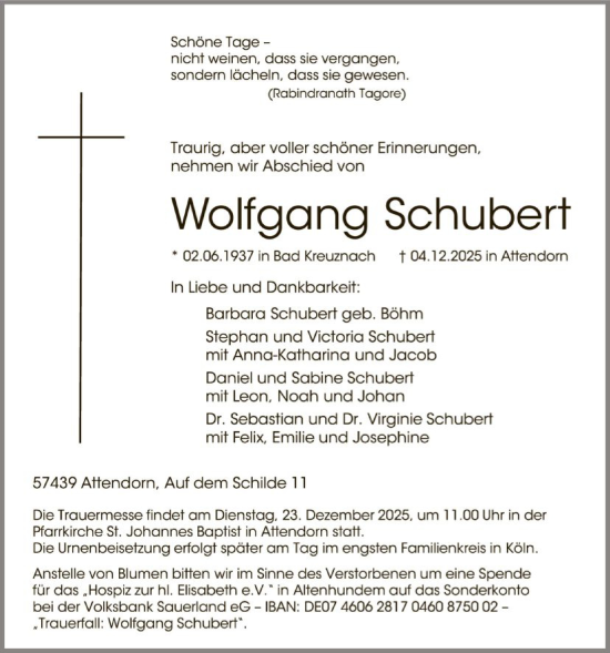 Traueranzeige von Wolfgang Schubert von HASK