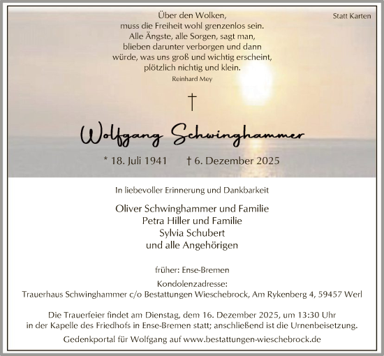 Traueranzeige von Wolfgang Schwinghammer von HASO