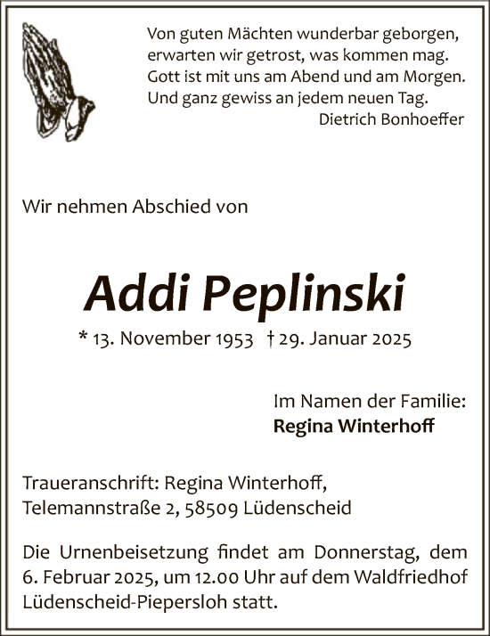 Traueranzeige von Addi Peplinski von WA