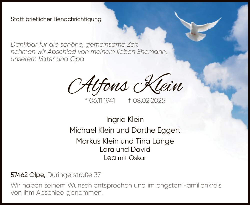  Traueranzeige für Alfons Klein vom 22.02.2025 aus WA