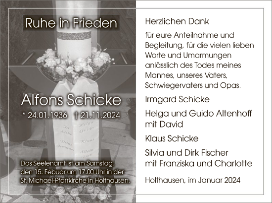 Traueranzeige von Alfons Schicke von WA