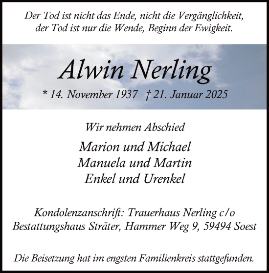 Traueranzeige von Alwin Nerling von WA