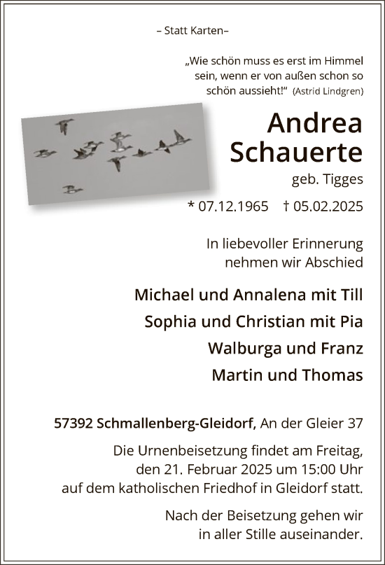 Traueranzeige von Andrea Schauerte von WA