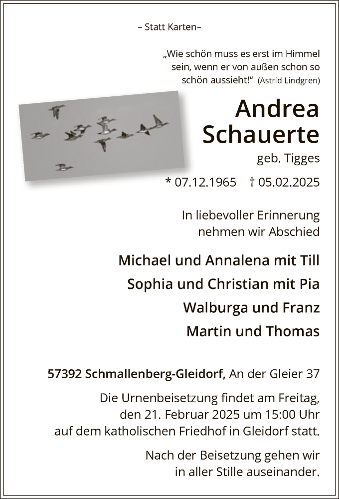  Traueranzeige für Andrea Schauerte vom 15.02.2025 aus WA