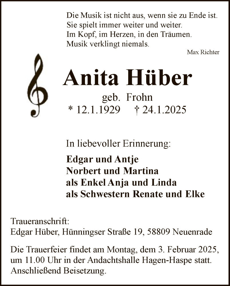 Traueranzeige für Anita Hüber vom 01.02.2025 aus WA