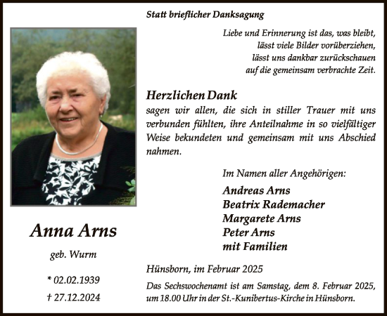 Traueranzeige von Anna Arns von WA