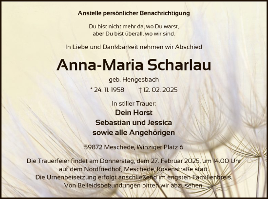 Traueranzeige von Anna-Maria Scharlau von WA