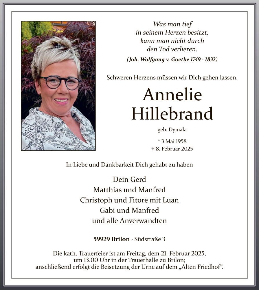  Traueranzeige für Annelie Hillebrand vom 15.02.2025 aus WA