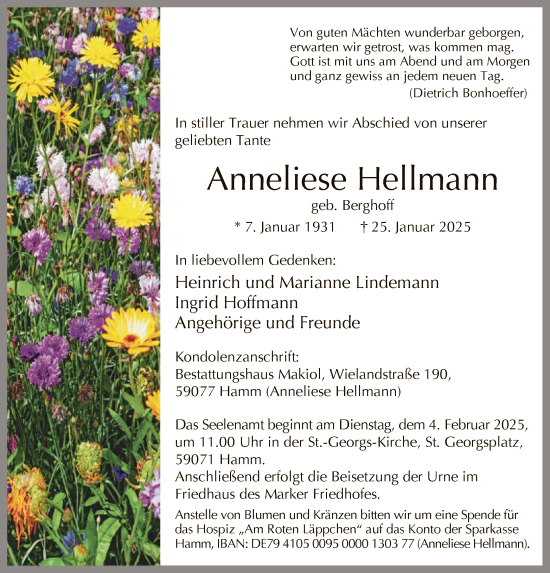 Traueranzeige von Anneliese Hellmann von WA