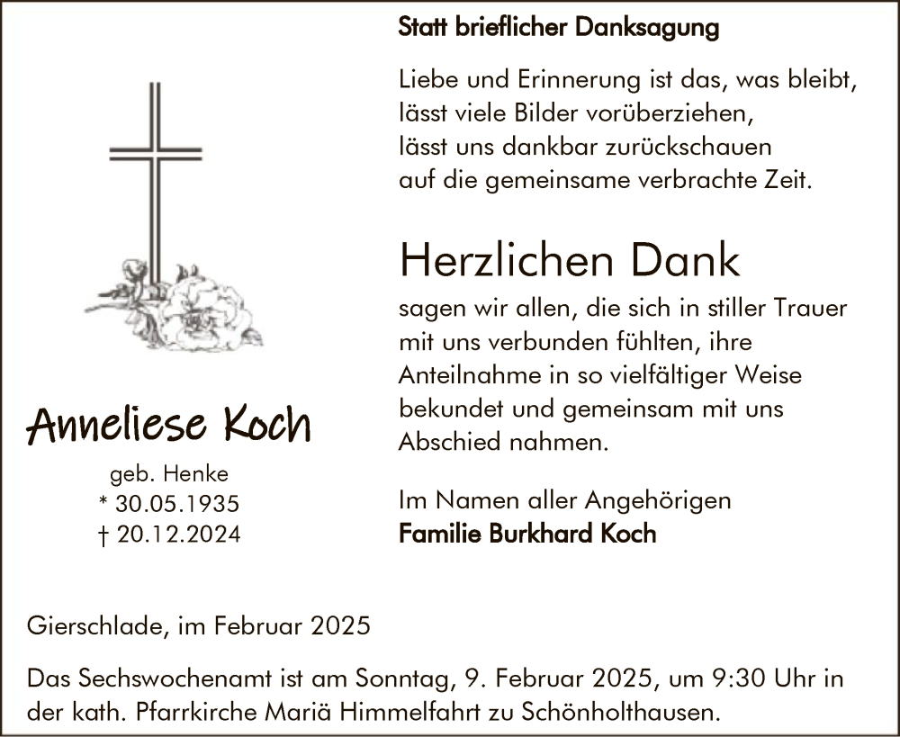  Traueranzeige für Anneliese Koch vom 08.02.2025 aus WA