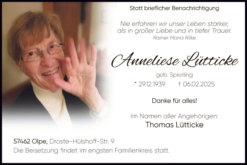  Traueranzeige für Anneliese Lütticke vom 15.02.2025 aus WA