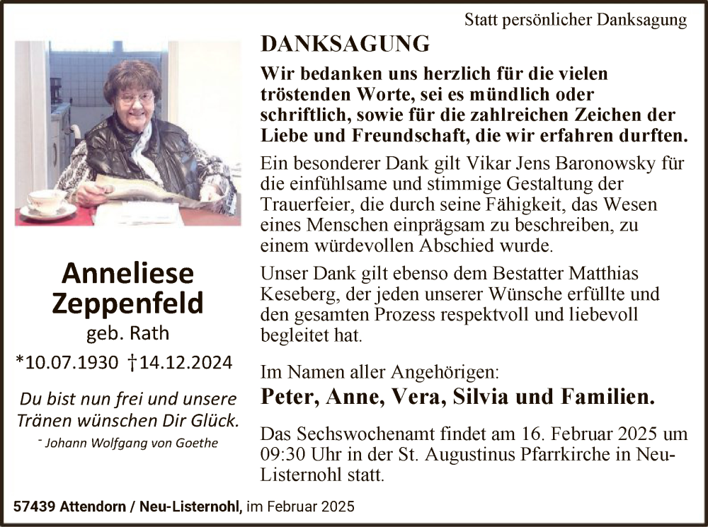  Traueranzeige für Anneliese Zeppenfeld vom 08.02.2025 aus WA