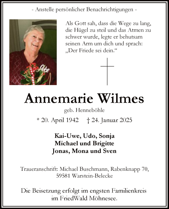 Traueranzeige von Annemarie Wilmes von WA