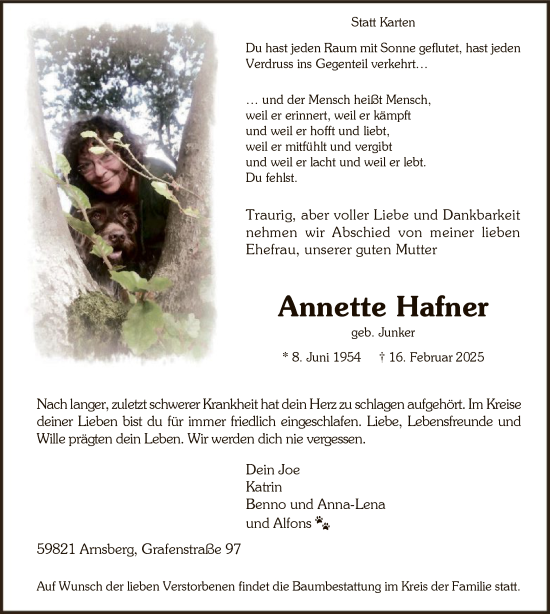 Traueranzeige von Annette Hafner von WA