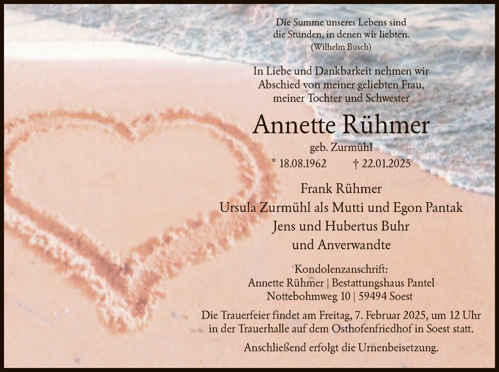  Traueranzeige für Annette Rühmer vom 01.02.2025 aus WA