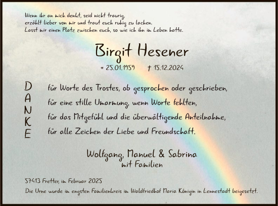 Traueranzeige von Birgit Hesener von WA