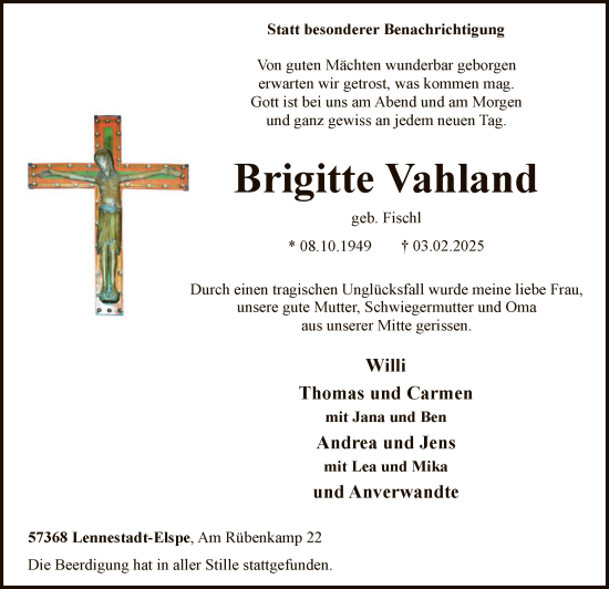Traueranzeige von Brigitte Vahland von WA
