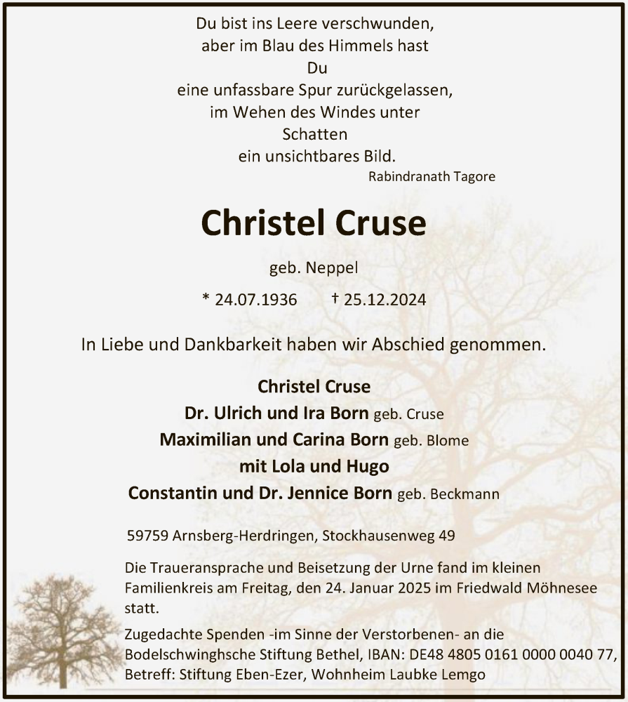  Traueranzeige für Christel Cruse vom 01.02.2025 aus WA