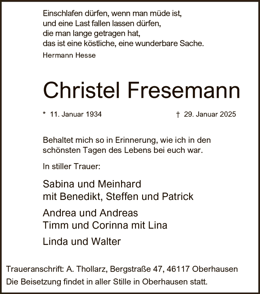  Traueranzeige für Christel Fresemann vom 08.02.2025 aus WA