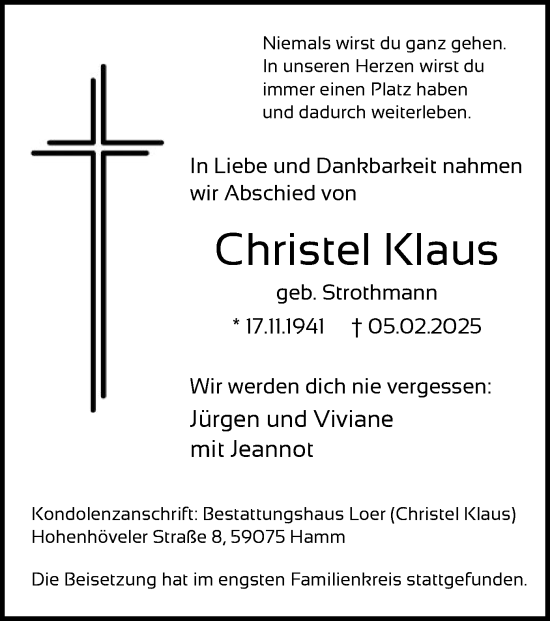 Traueranzeige von Christel Klaus von WA