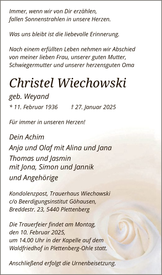 Traueranzeige von Christel Wiechowski von WA