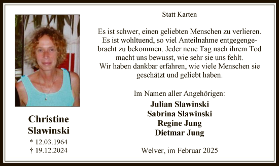 Traueranzeige von Christine Slawinski von WAWA
