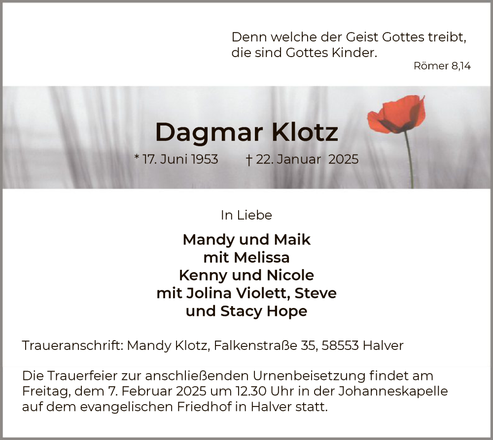  Traueranzeige für Dagmar Klotz vom 01.02.2025 aus WA