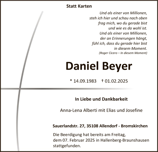 Traueranzeige von Daniel Beyer von WA