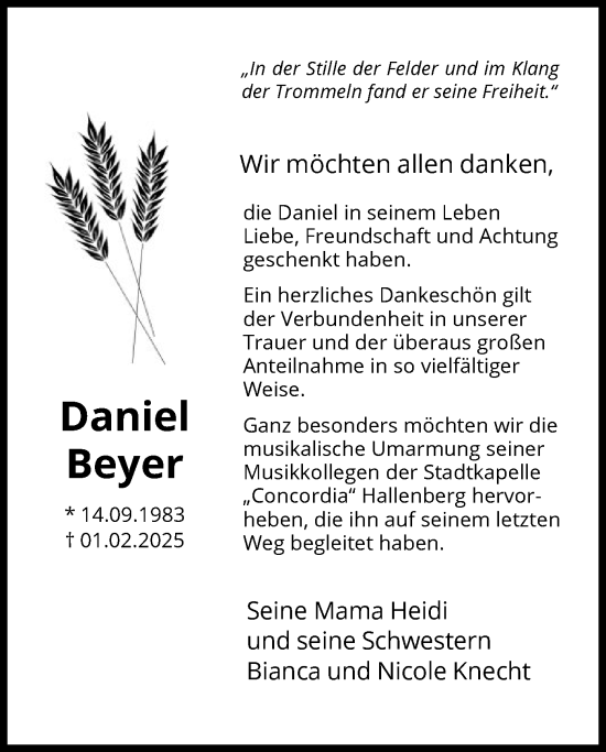 Traueranzeige von Daniel Beyer von WA