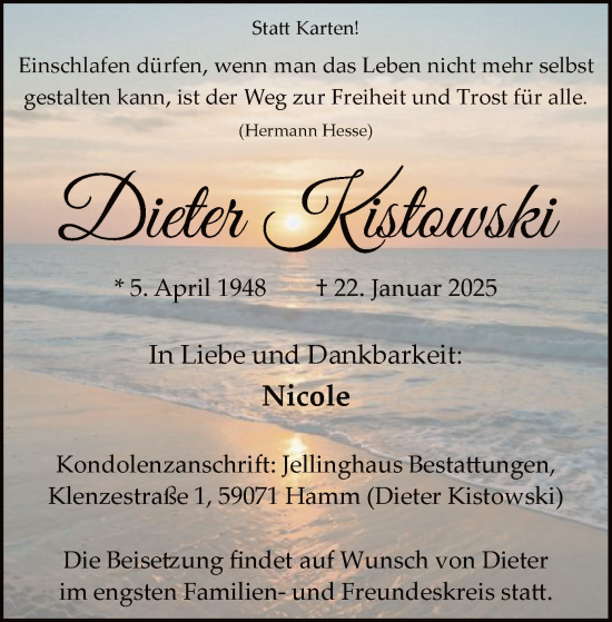 Traueranzeige von Dieter Kistowski von WA
