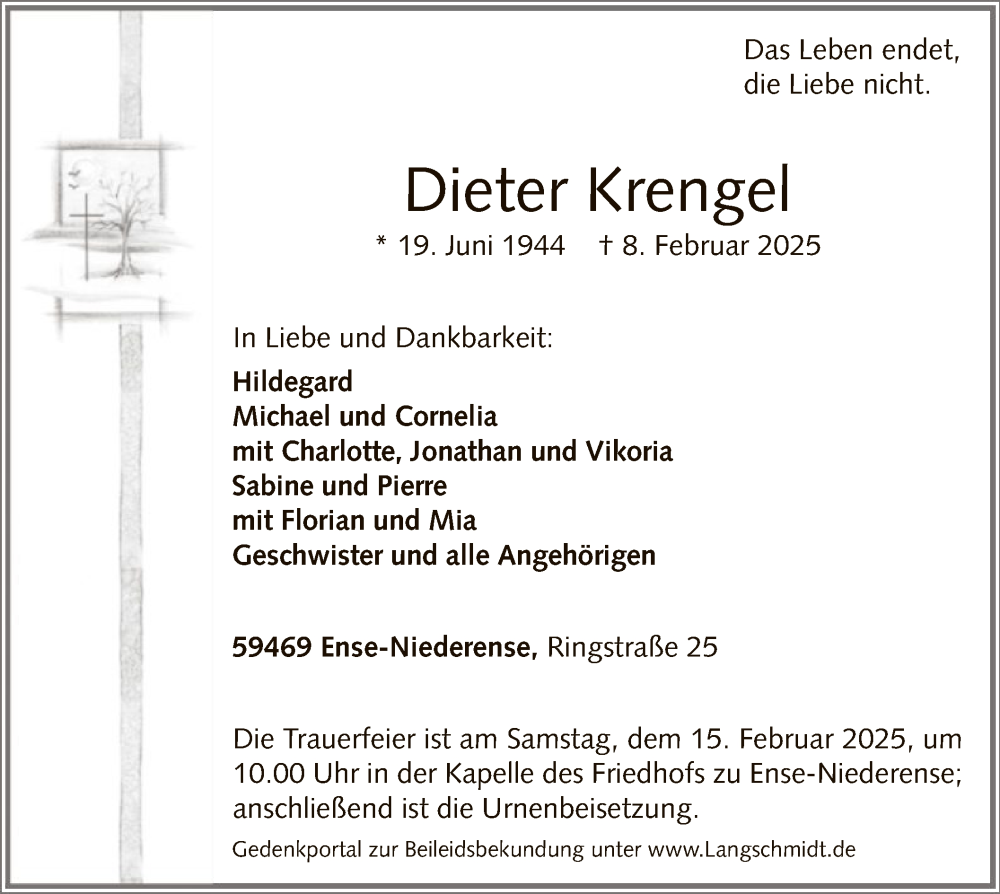  Traueranzeige für Dieter Krengel vom 11.02.2025 aus WA