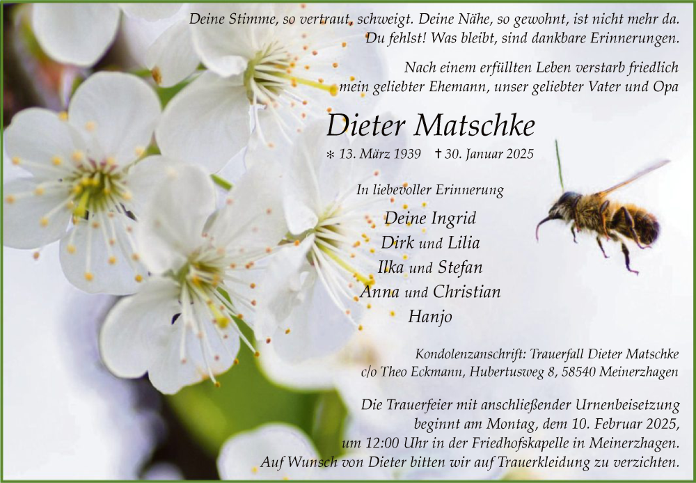  Traueranzeige für Dieter Matschke vom 05.02.2025 aus WA