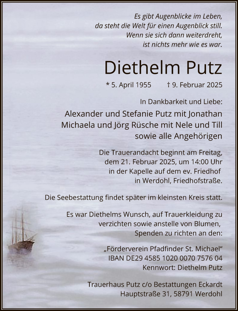  Traueranzeige für Diethelm Putz vom 15.02.2025 aus WA