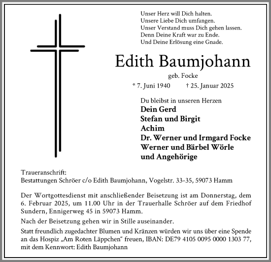 Traueranzeige von Edith Baumjohann von WA