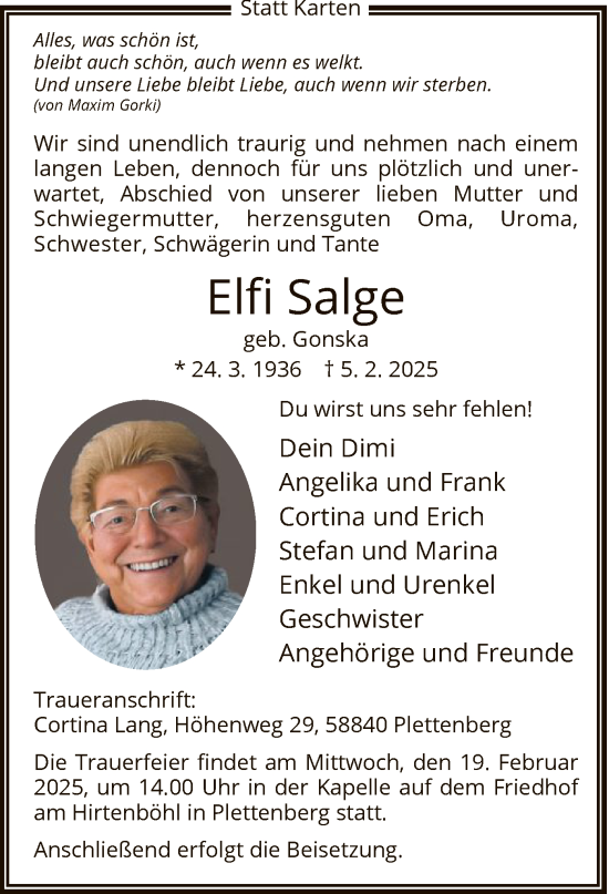 Traueranzeige von Elfi Salge von WA