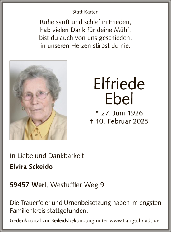 Traueranzeige von Elfriede Ebel von WA