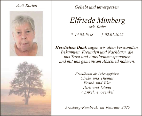 Traueranzeige von Elfriede Mimberg von WA