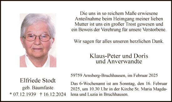 Traueranzeige von Elfriede Stodt von WA