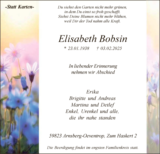 Traueranzeige von Elisabeth Bobsin von WA