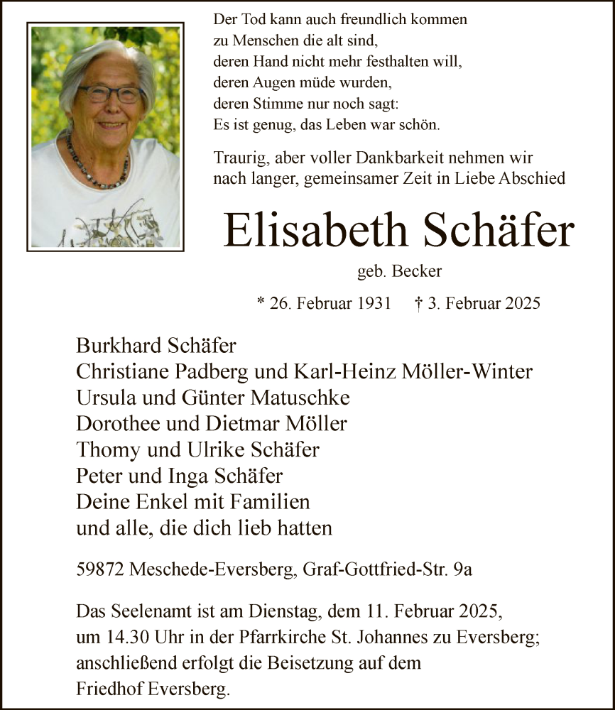  Traueranzeige für Elisabeth Schäfer vom 08.02.2025 aus WA