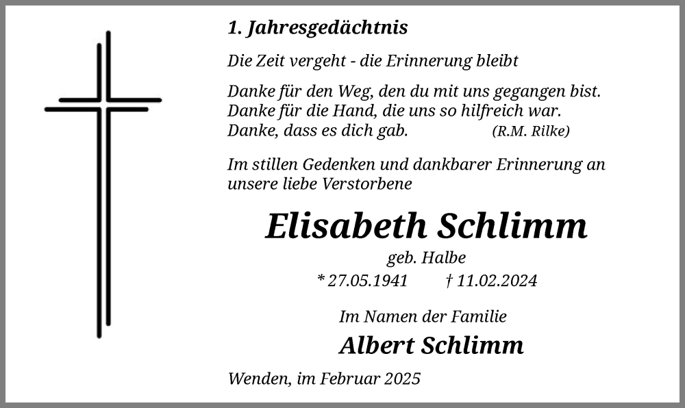  Traueranzeige für Elisabeth Schlimm vom 08.02.2025 aus WA